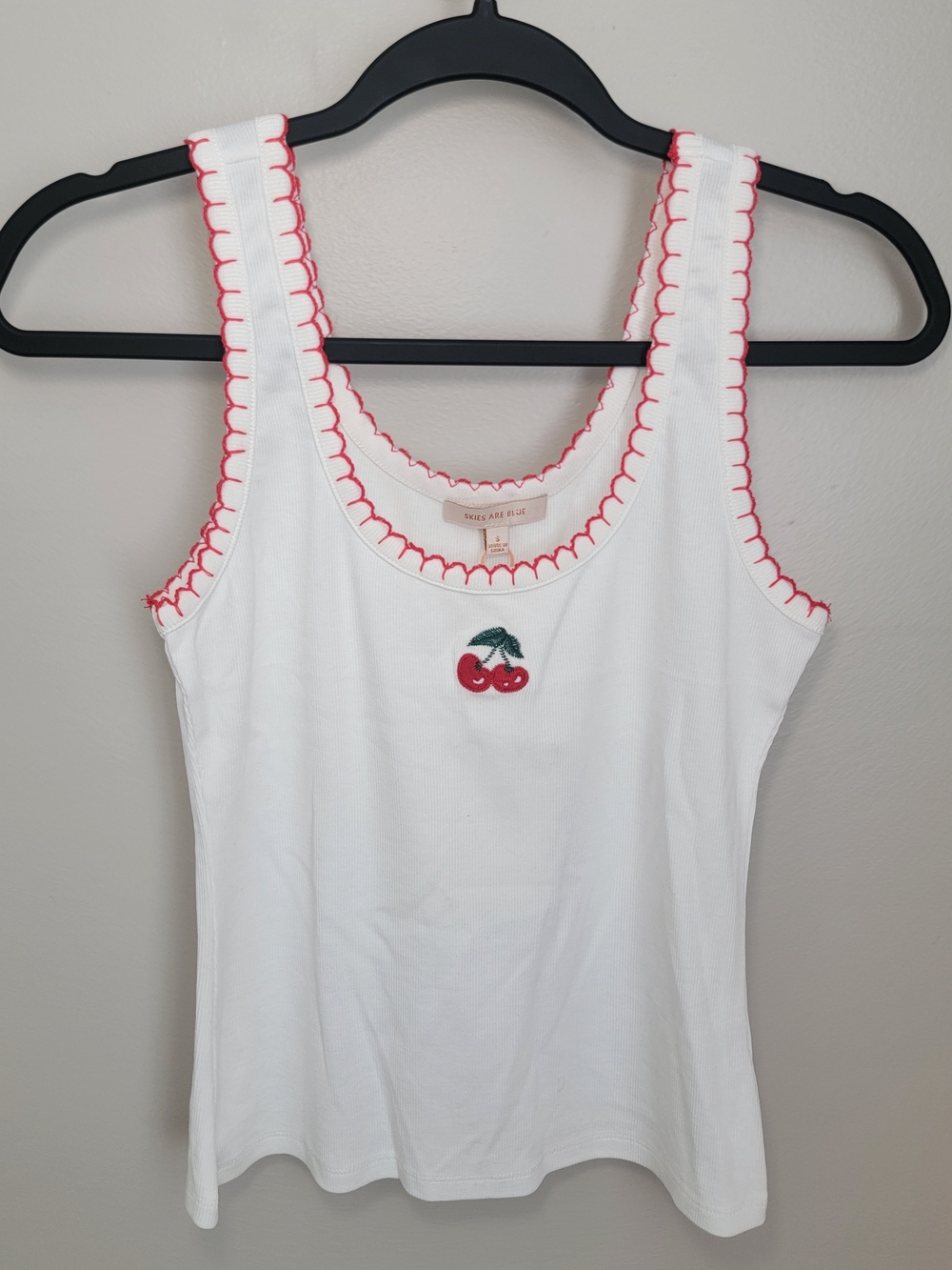 Brand New Skies Are Blue White Tank with Red Trim & Cherry Motif Size S
